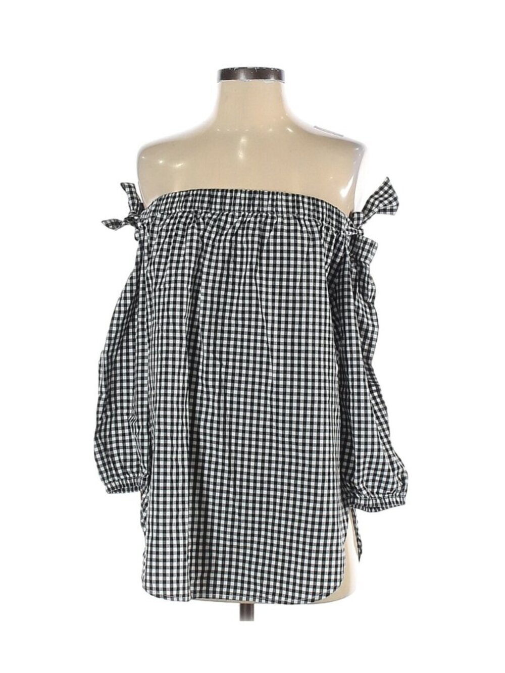 Gap Sz XS Black & White Gingham Off the Shoulder Tie Shirt 3/4 Sleeve